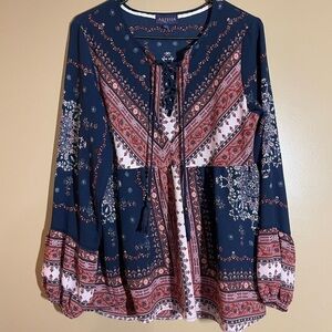 Artesia Boho Blue & Coral Floral Tassel Babydoll Tunic Top Size M